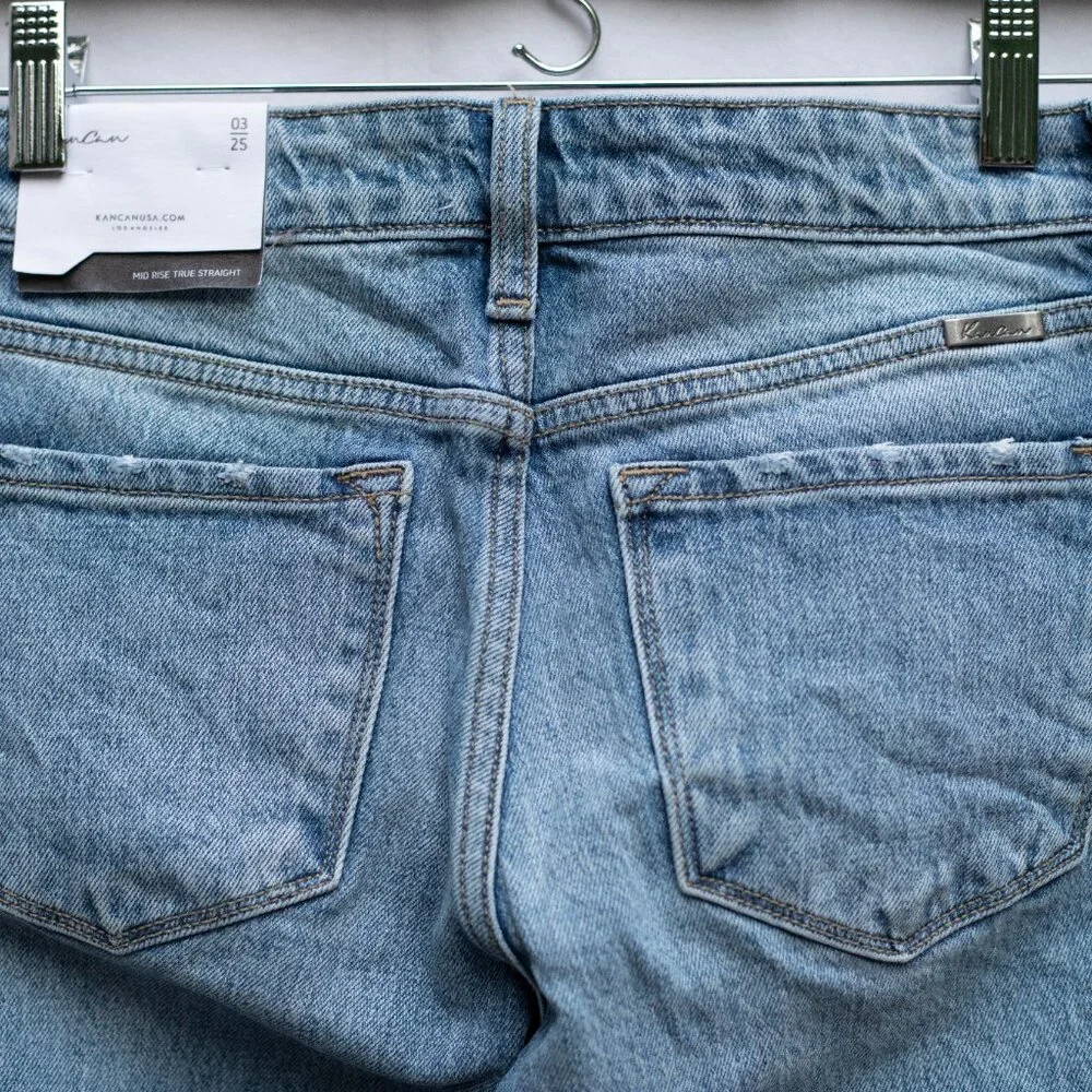 KanCan Jeans 3/25 Mid Rise True Straight Light‎ Wash Distressed Denim NWT
